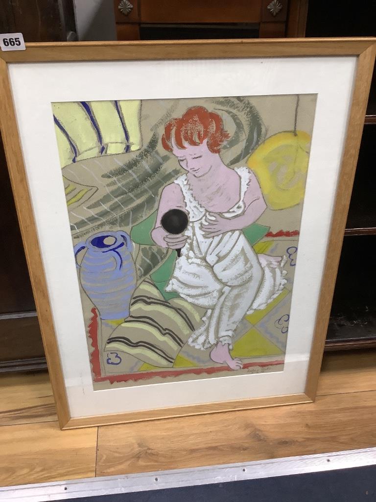 Barbara Tribe (1913-2000), conte crayon and gouache, Red head with mirror, signed and dated '58, 56 x 39cm